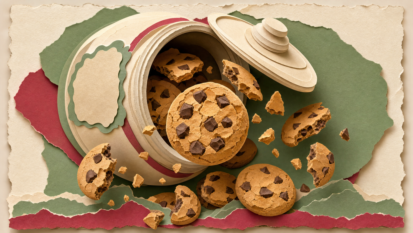Paper cut-out cookie jar tipping, cookies tumbling