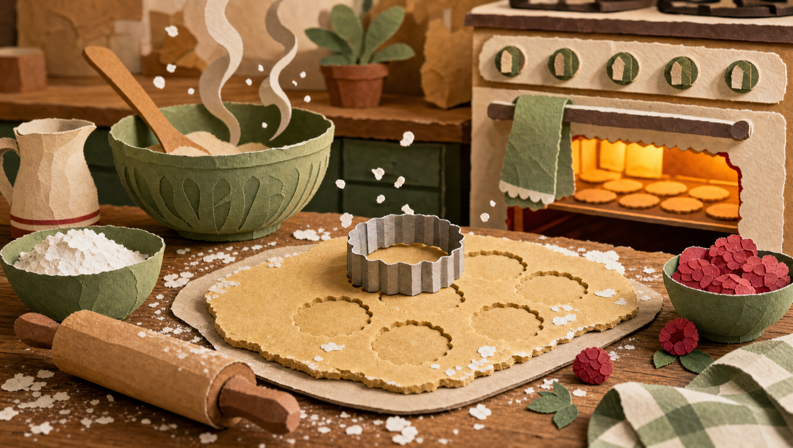 Paper cut-out kitchen with rolling pin and dough