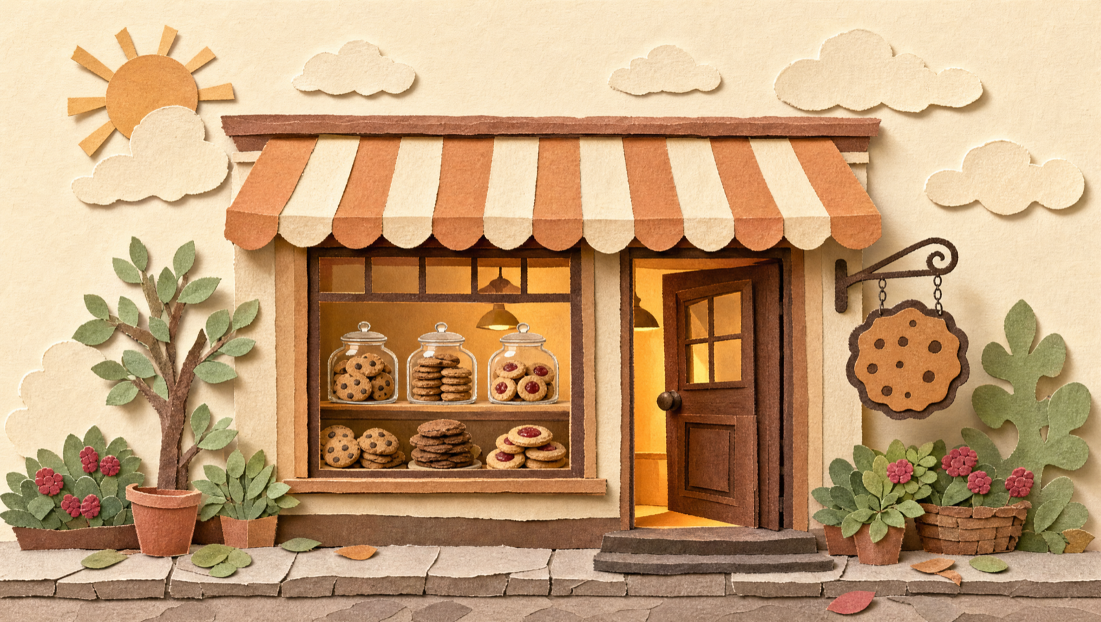 Paper cut-out storefront with striped awning